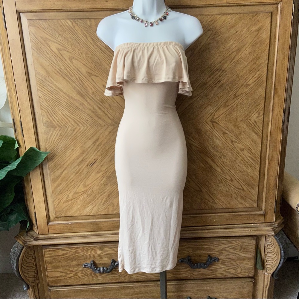 Capella tan Ruffle Trim strapless midi dress